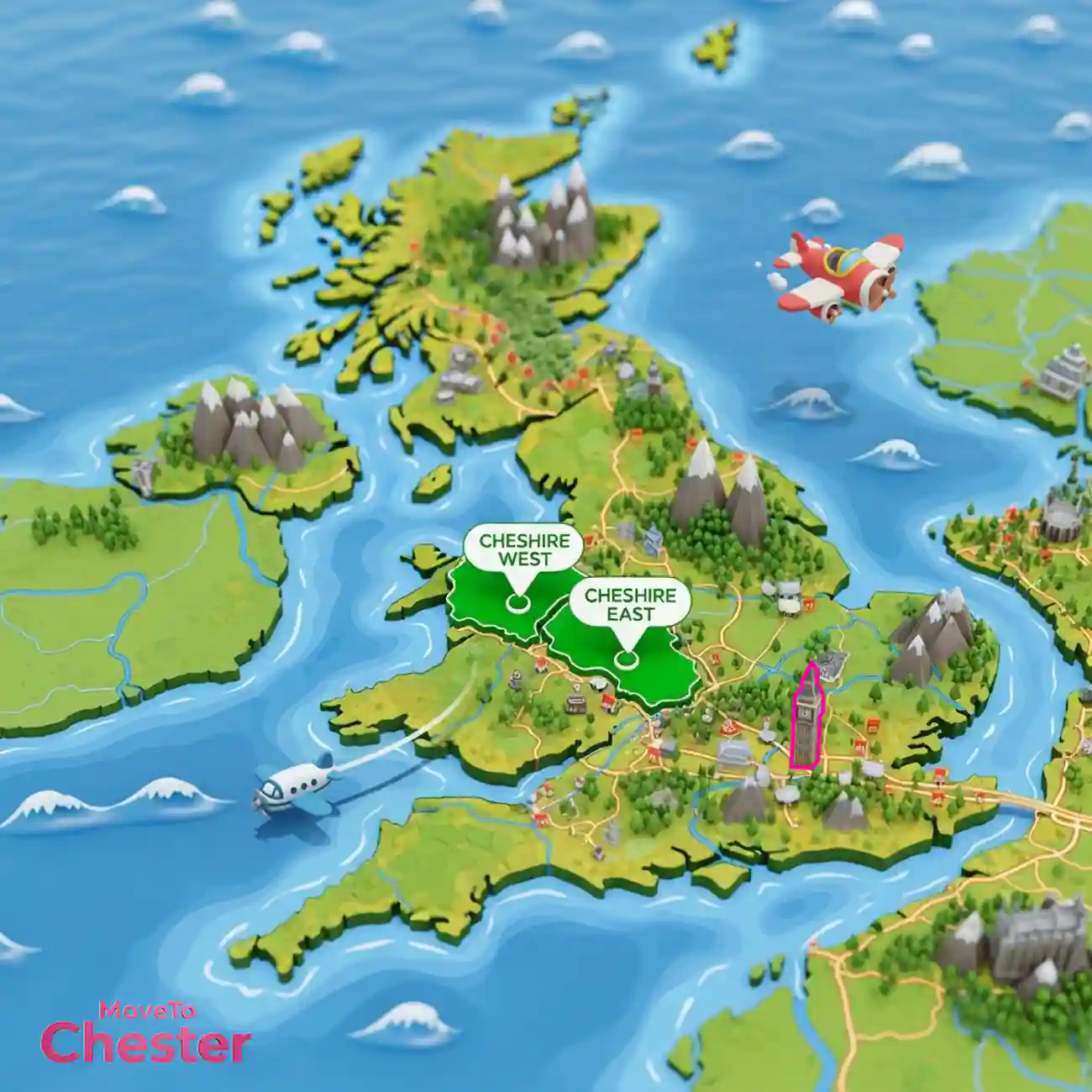 UK Map showing Cheshire West and Cheshire East boundaries and comparison